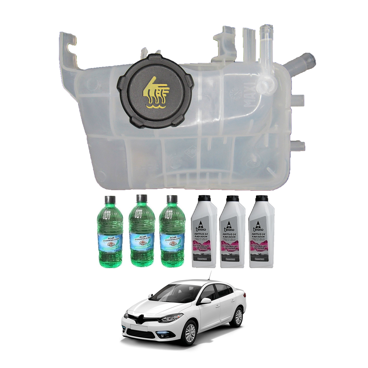 Kit Vaso De Expansao Do Rad. Fluence 2.0 16V C/ Tampa + 3 Aditivo Rosa + 3 água Desmineralizada