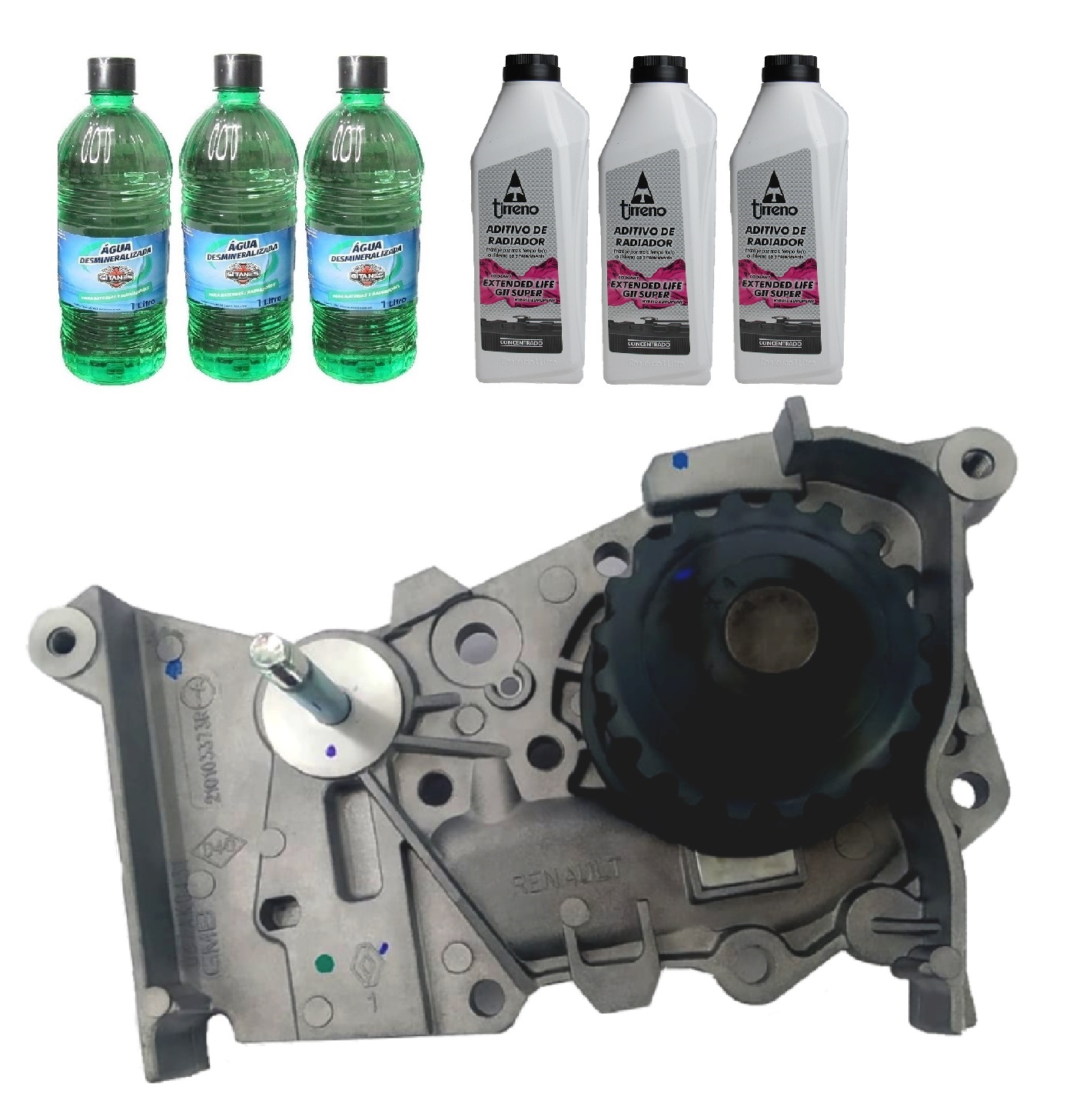 Kit Bomba Água Mot Renault 1.6 16v K4M(2012...) + 3 Aditivo Rosa + 3 água Desmineralizada
