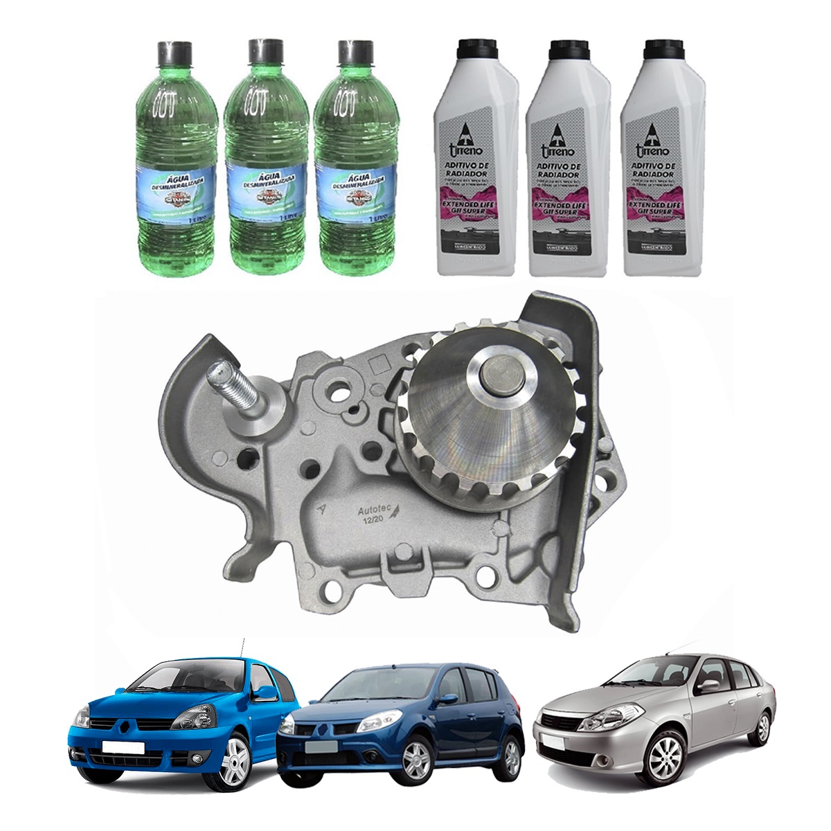Kit Bomba Água Mot Renault 1.6 8v K7M + 3 Aditivo Rosa + 3 água Desmineralizada