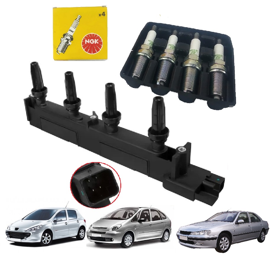 Bobina Ignicao + Jogo de Velas 307/406/407/607/806/C4/C5/Eva/Xsara Picasso 2.0 16v (4 Pinos)